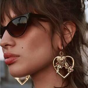 Free People Antique Gold Bird Heart Charm Earrings | NWOT